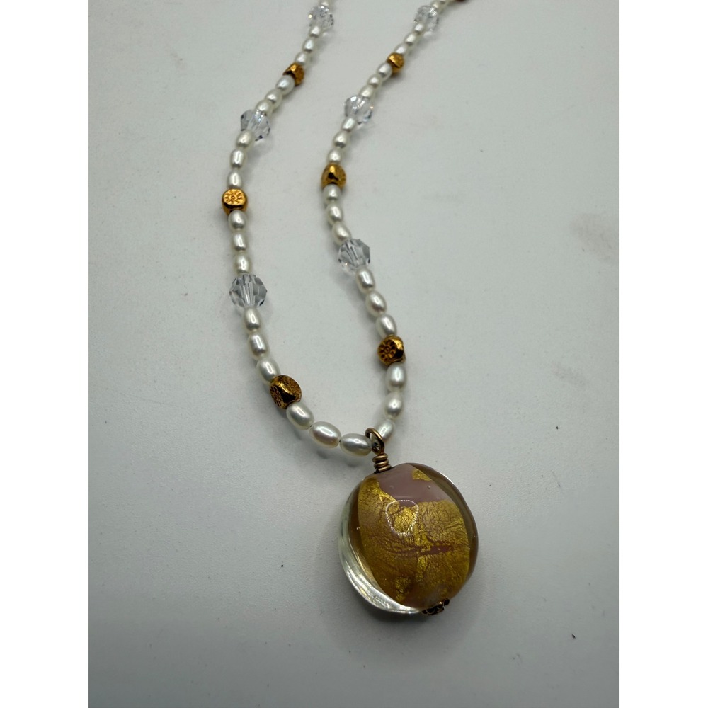 Murano Glass Gold Foil Pendant Necklace Freshwater Pearl Crystal Gold Tone 17.5"